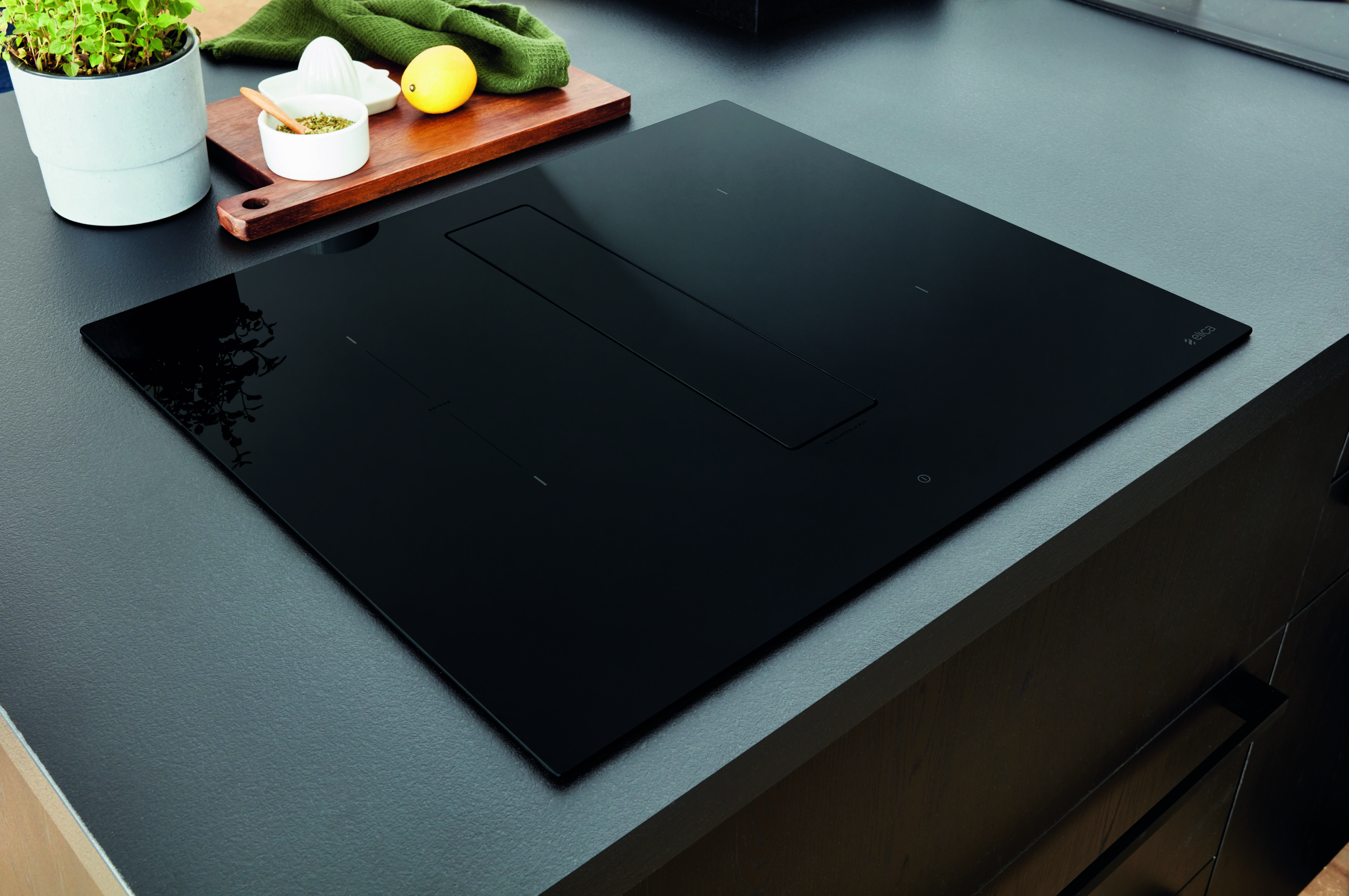 A sleek black induction cooktop set into a dark countertop - a clean, modern look that pairs well with many cabinet finishes.