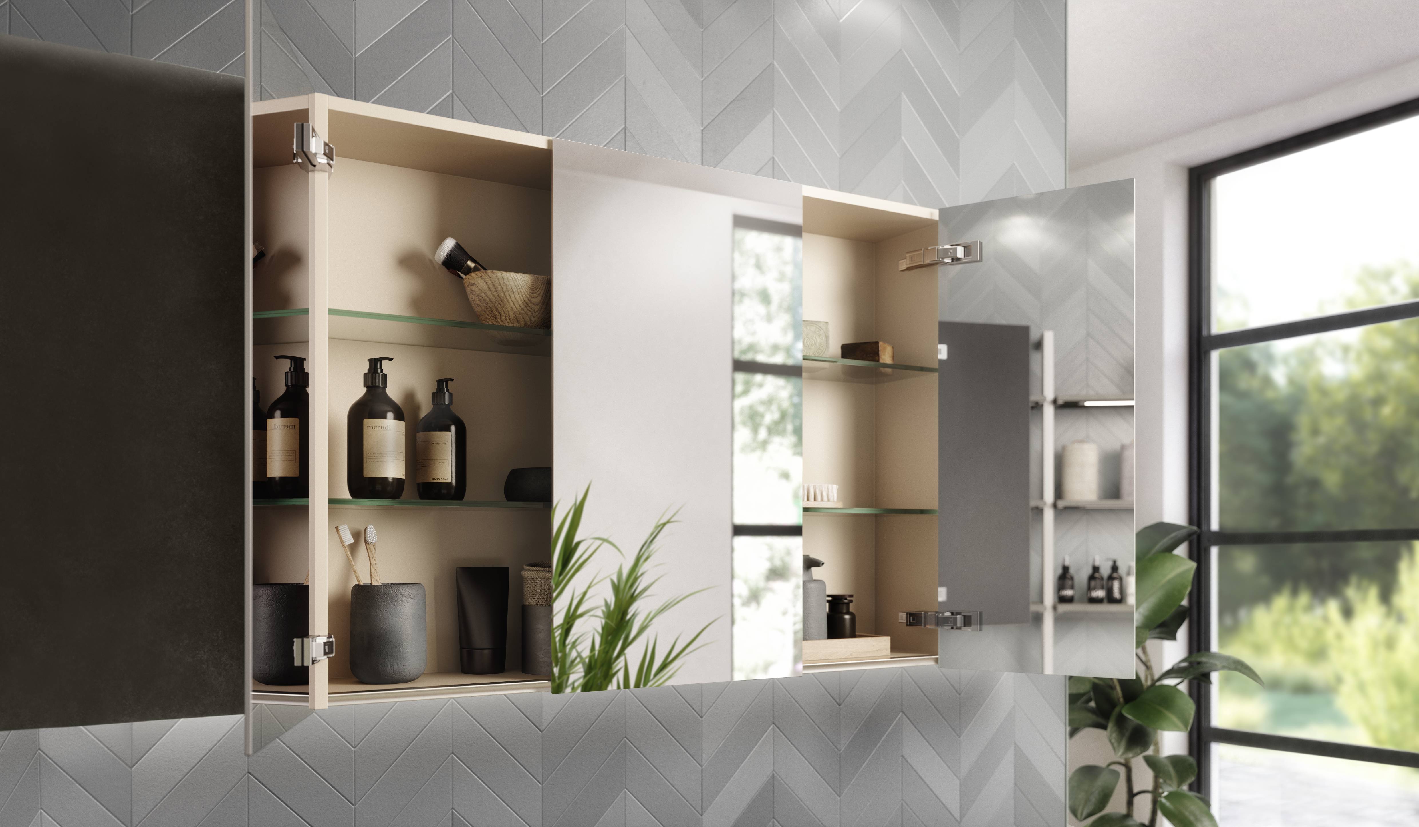 Mirrored wall cabinet opened to reveal glass shelves and organized storage for bathroom essentials, featuring clean lines, soft lighting, and a modern minimalist design.