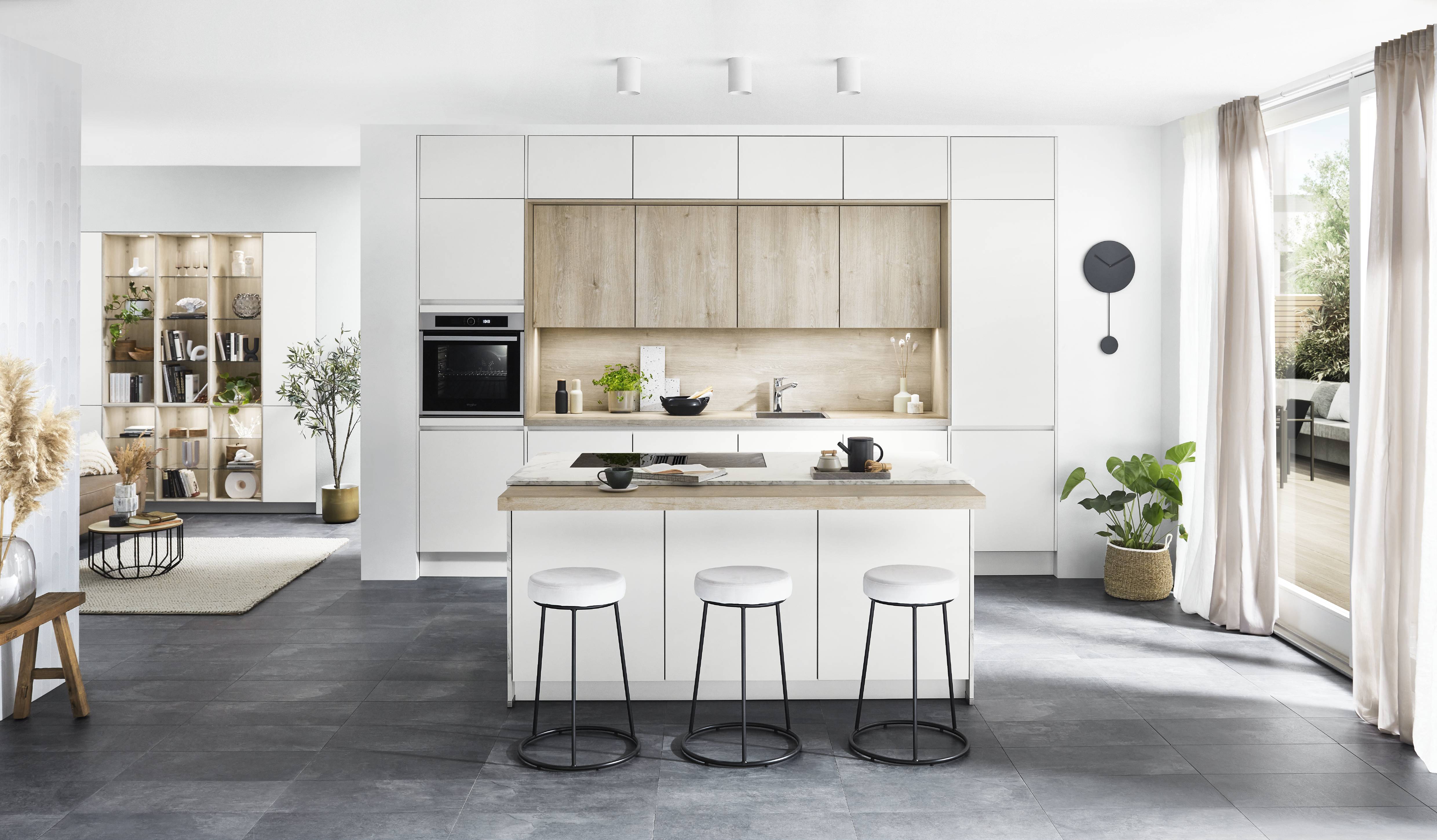 A bright, modern kitchen that balances clean lines with warm natural accents