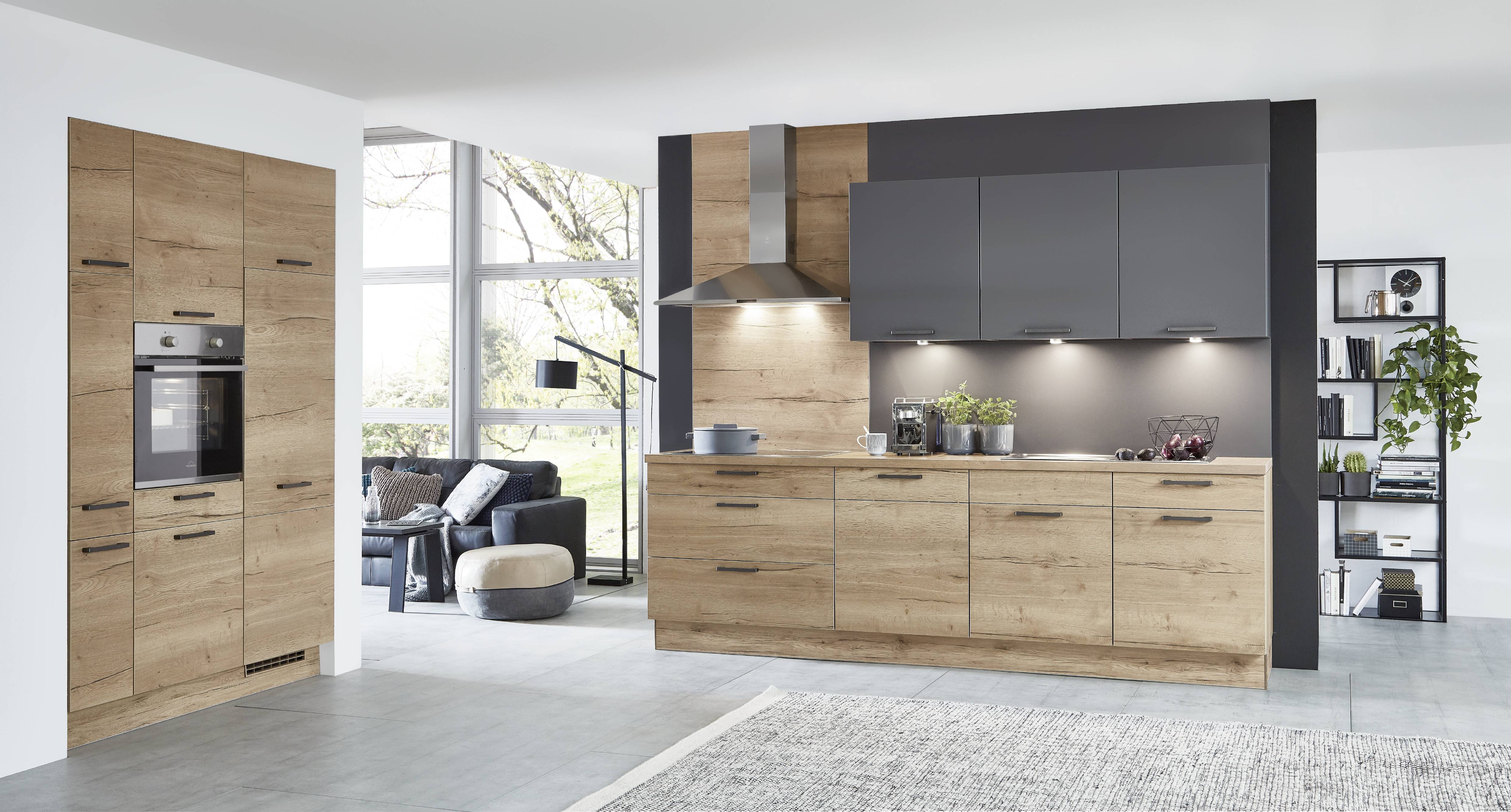 Modern German kitchen by Noblessa USA with wood-grain cabinetry, matte charcoal upper cabinets, integrated appliances, and minimalist design for contemporary homes.
