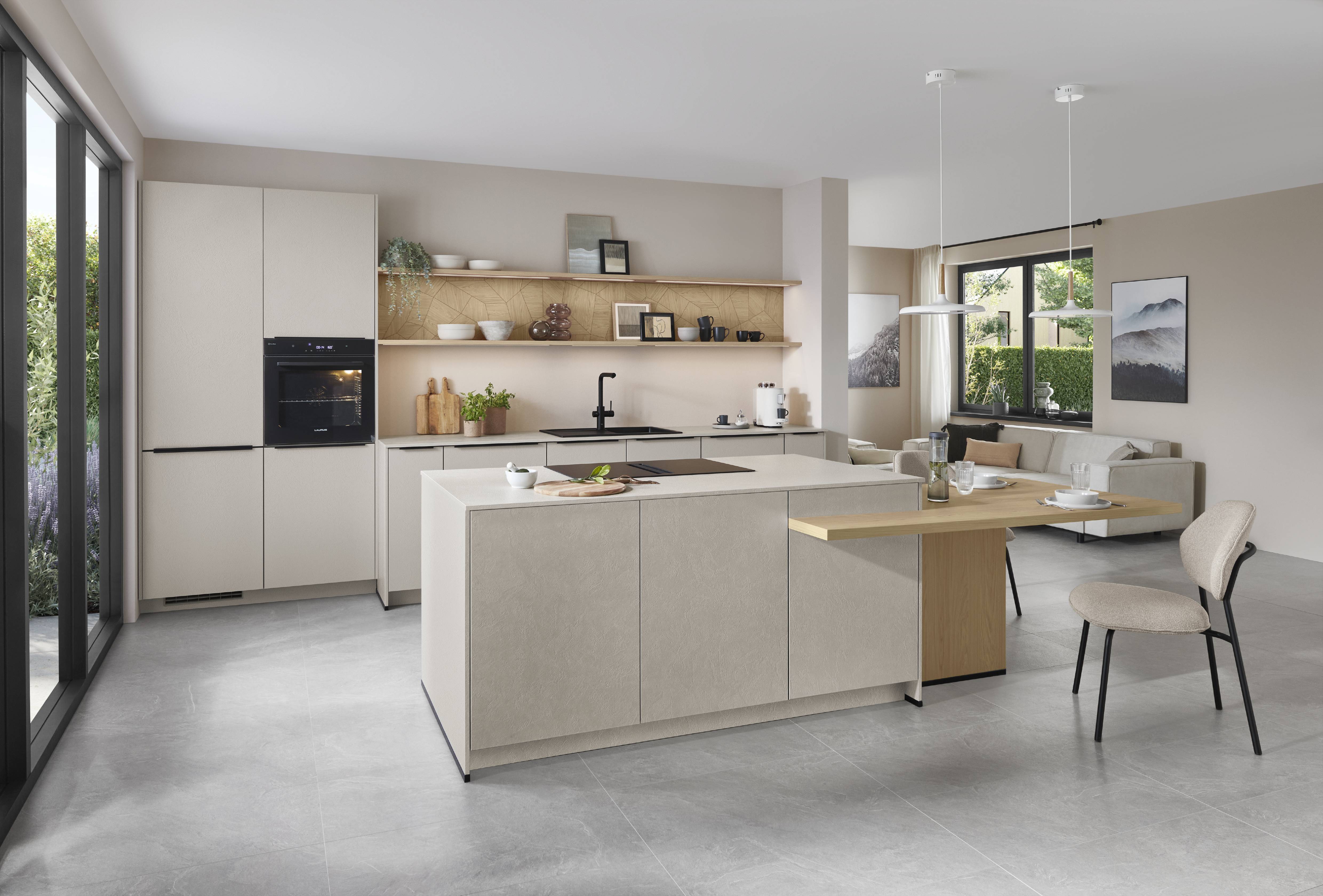 A sophisticated open-concept German kitchen featuring streamlined cabinetry, warm wood accents, a spacious island, integrated appliances, and a seamless connection to the dining and living areas.