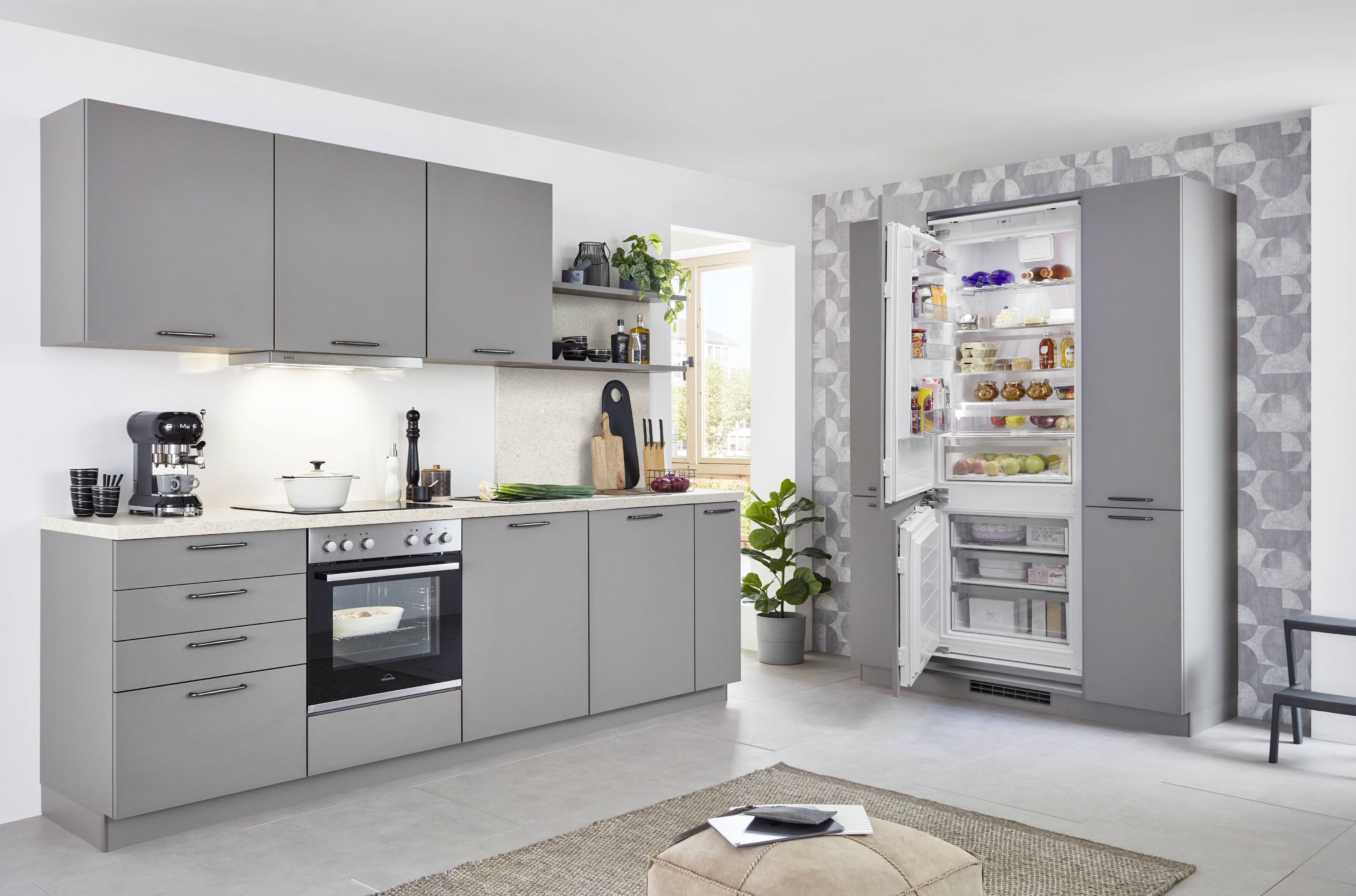 noblessa USA - Modern German Kitchen with Matte Gray Cabinetry and Integrated Smart Refrigerator Modern German kitchen with matte gray cabinetry, integrated refrigerator with open doors, built-in oven, under-cabinet lighting, and minimalist design showcasing smart food storage and everyday functionality.