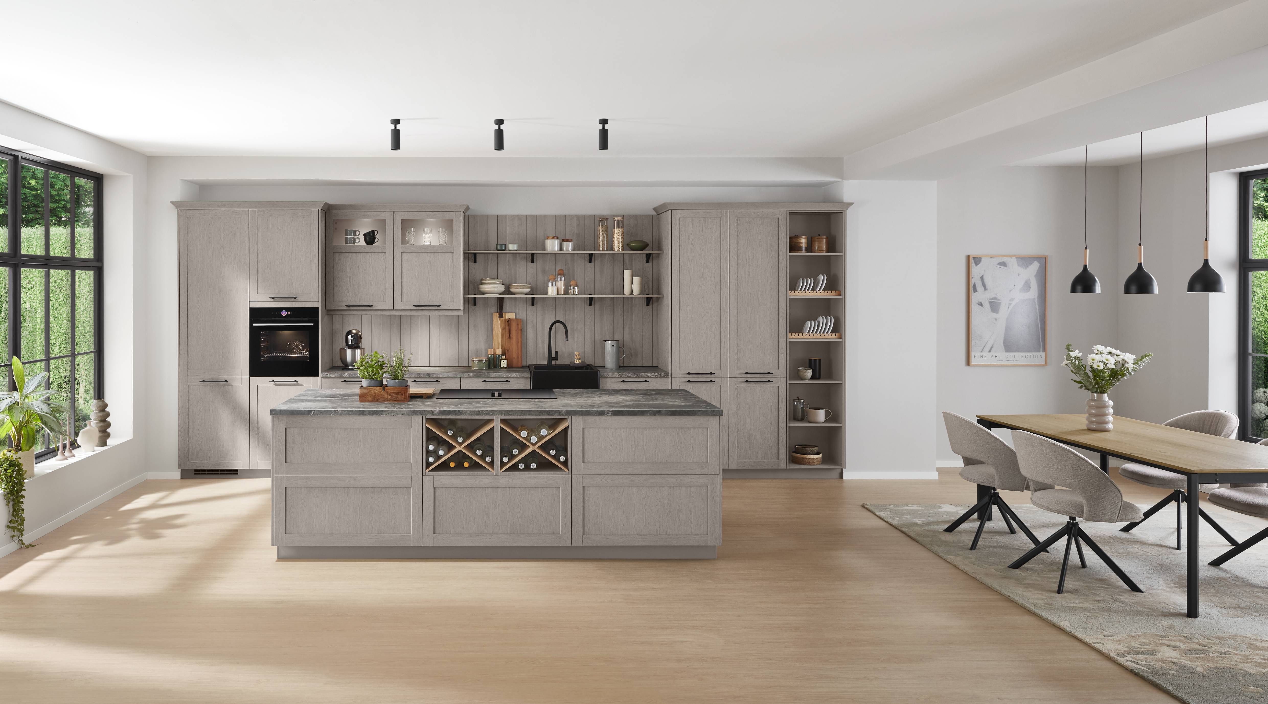 A sophisticated Noblessa USA German kitchen featuring elegant gray cabinetry, open shelving, integrated appliances, and a spacious island with built-in wine storage—designed for effortless organization and everyday living.