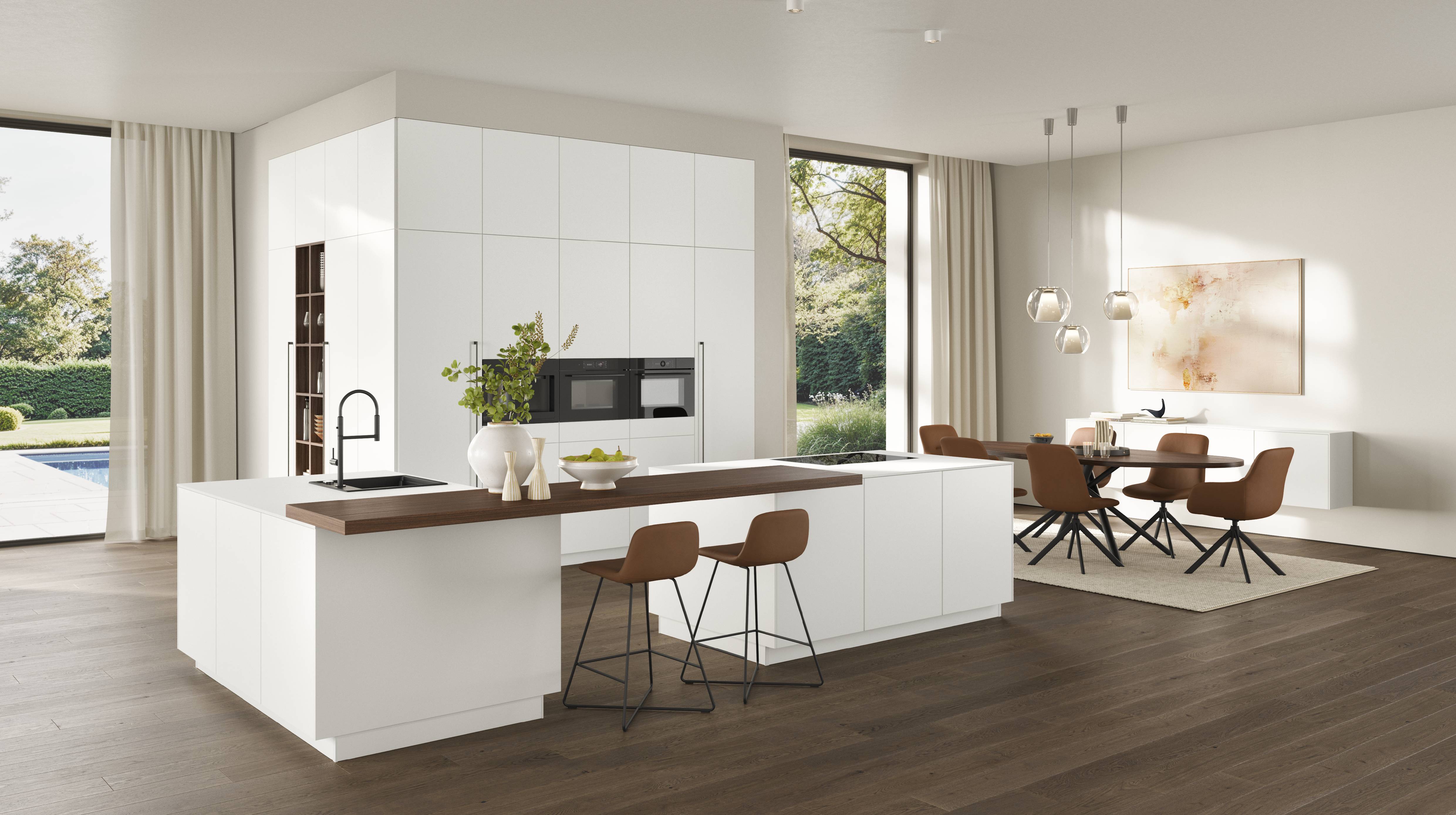 A stunning open-concept German kitchen by Noblessa USA featuring sleek white cabinetry, a spacious island, and premium finishes designed for modern living.