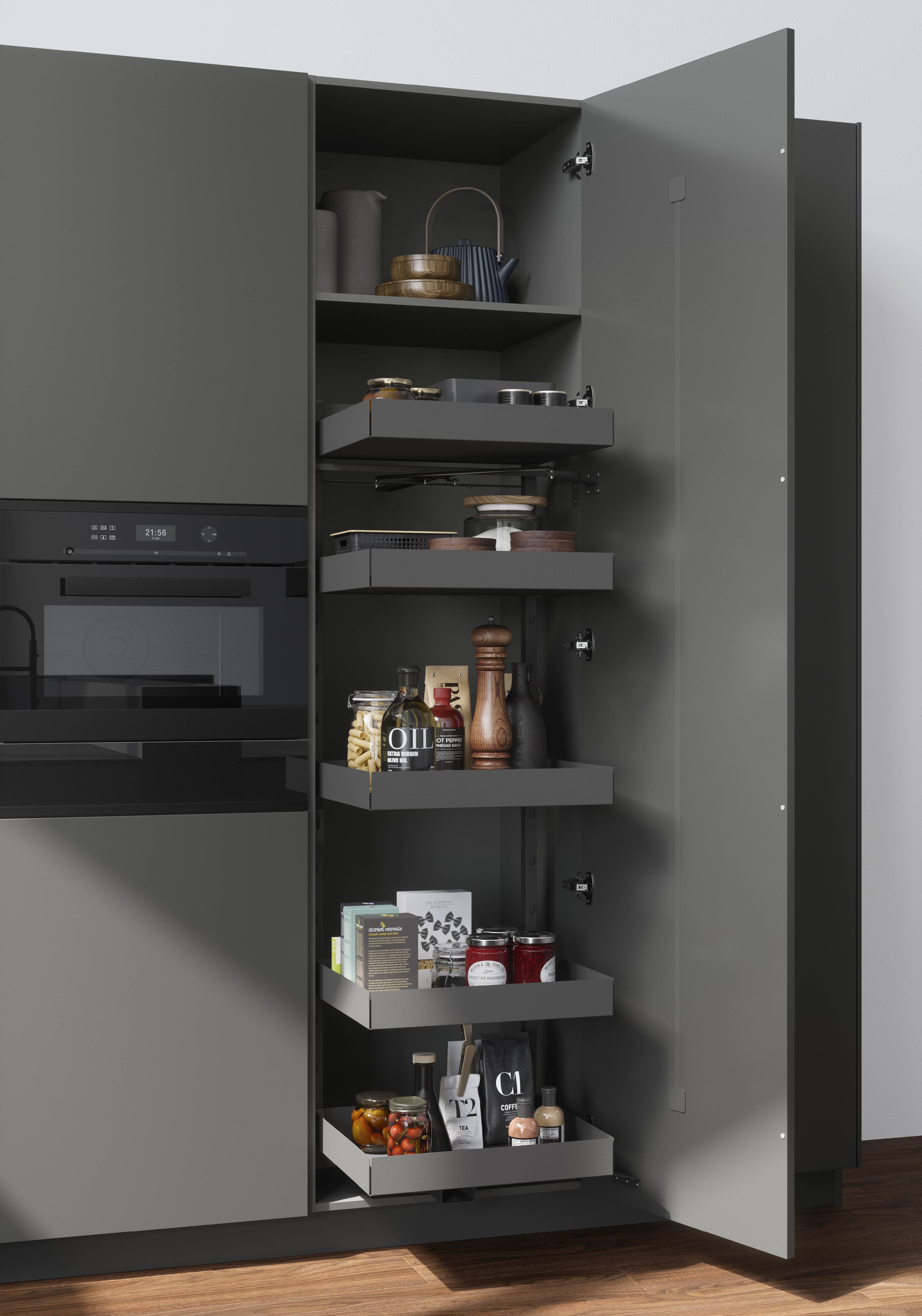 Tall German kitchen pantry cabinet with pull-out storage shelves, featuring organized compartments for spices, pantry staples, oils, jars, and cookware in sleek matte gray cabinetry.