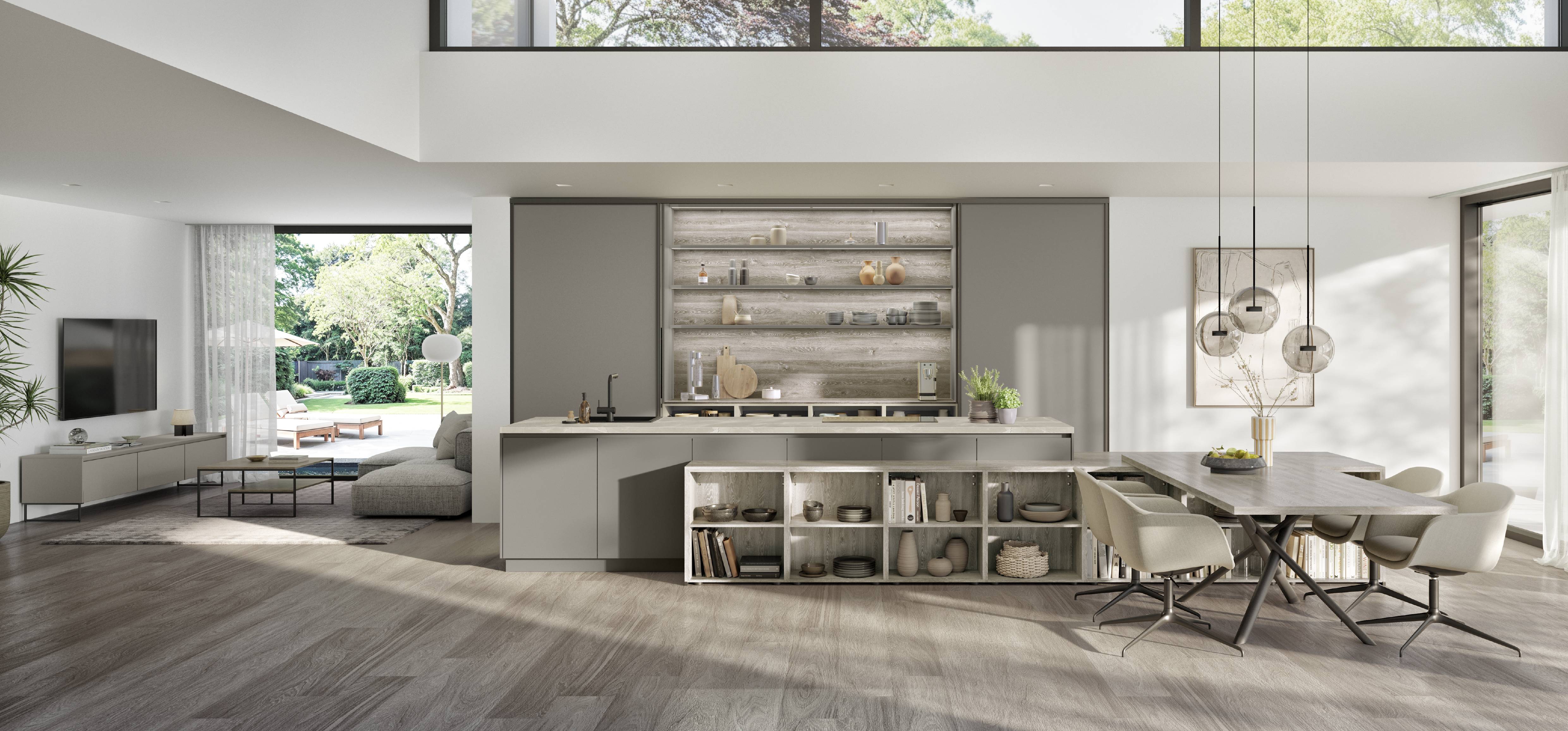 A seamless German kitchen design that blends clean lines, open shelving, and integrated living for a calm, clutter-free space.