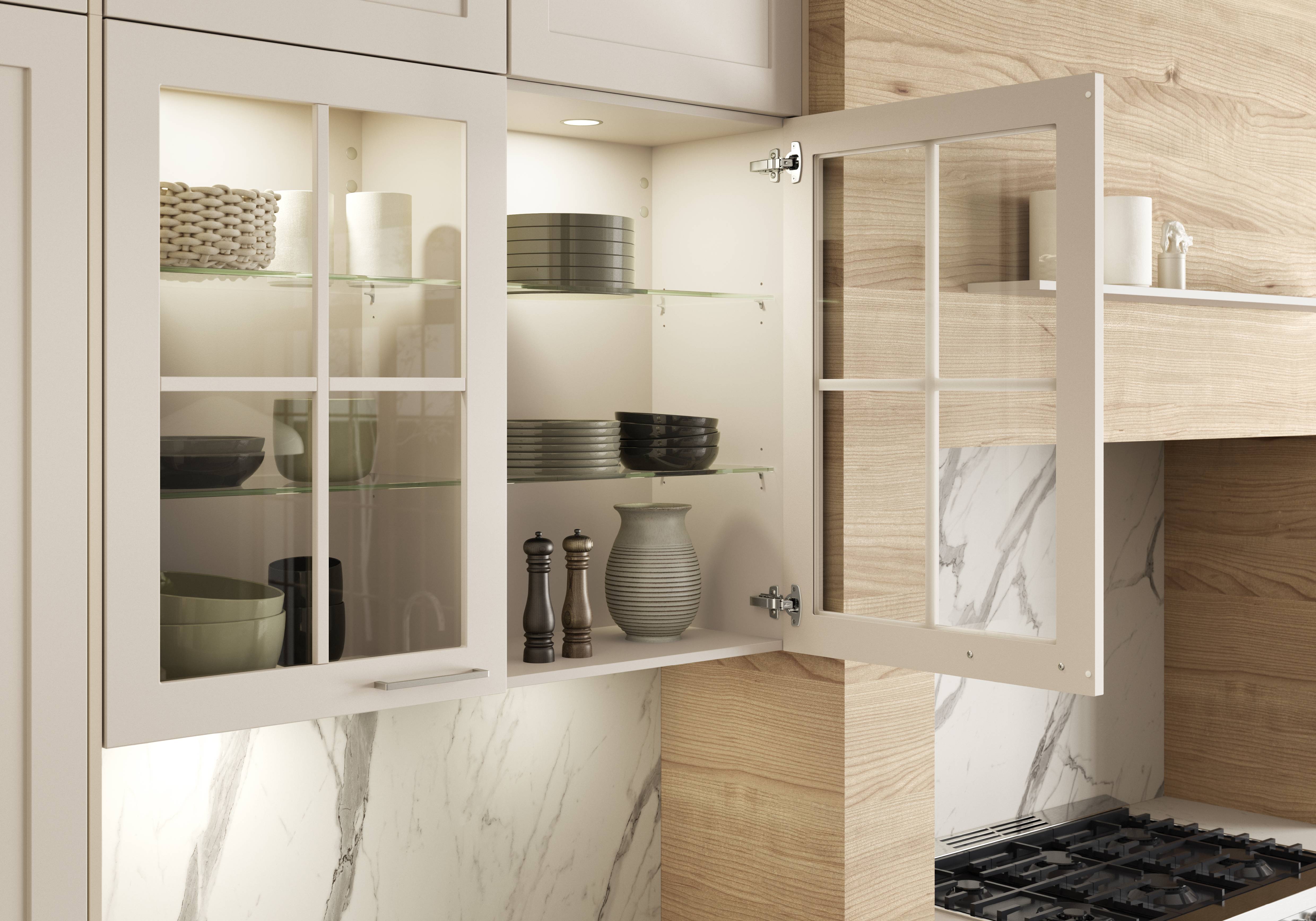 Elegant kitchen featuring a white glass-front cabinet with integrated lighting, glass shelves, and organized dishware, complemented by warm wood accents, marble backsplash, and modern German kitchen design.