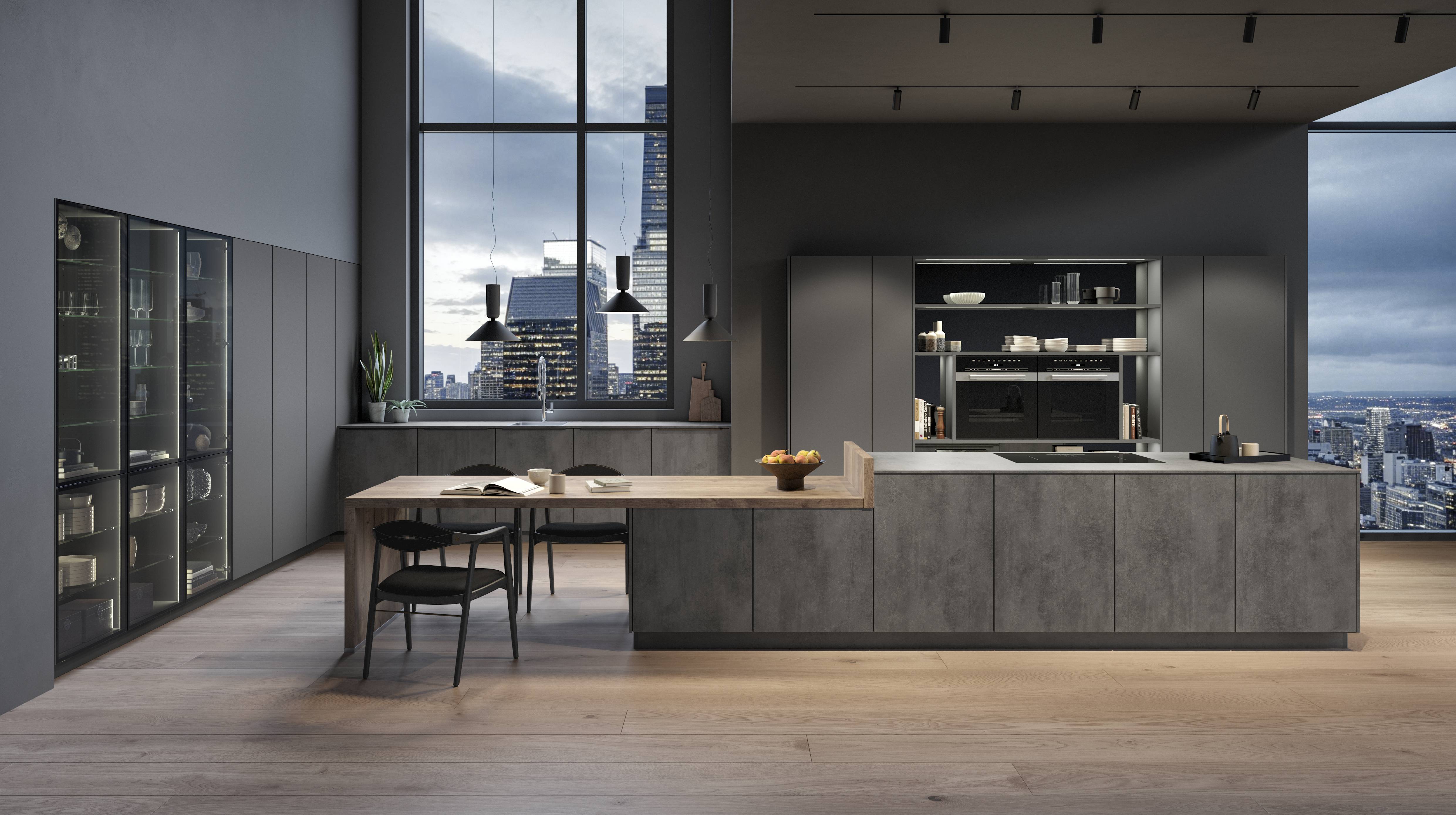 Modern European-style kitchen by Noblessa USA featuring sleek matte cabinetry, a large island with integrated seating, built-in appliances, pendant lighting, and floor-to-ceiling windows with a city skyline view.