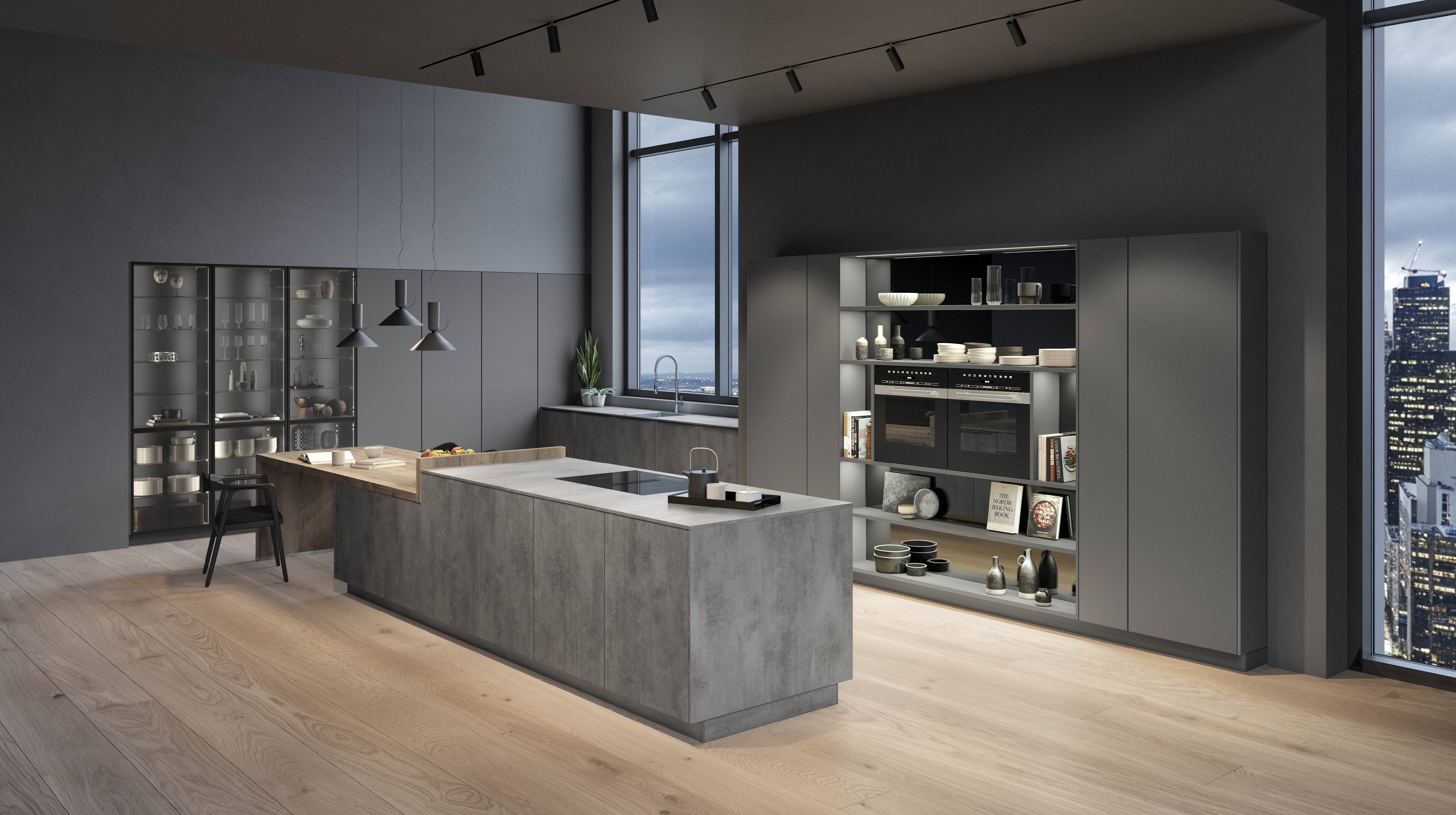 Noblessa USA - Modern Dark Gray Luxury Kitchen Design Contemporary luxury kitchen by Noblessa USA featuring dark gray matte cabinetry, a large concrete-look island, integrated appliances, open shelving with ambient lighting, wood flooring, and floor-to-ceiling windows in a modern minimalist interior.