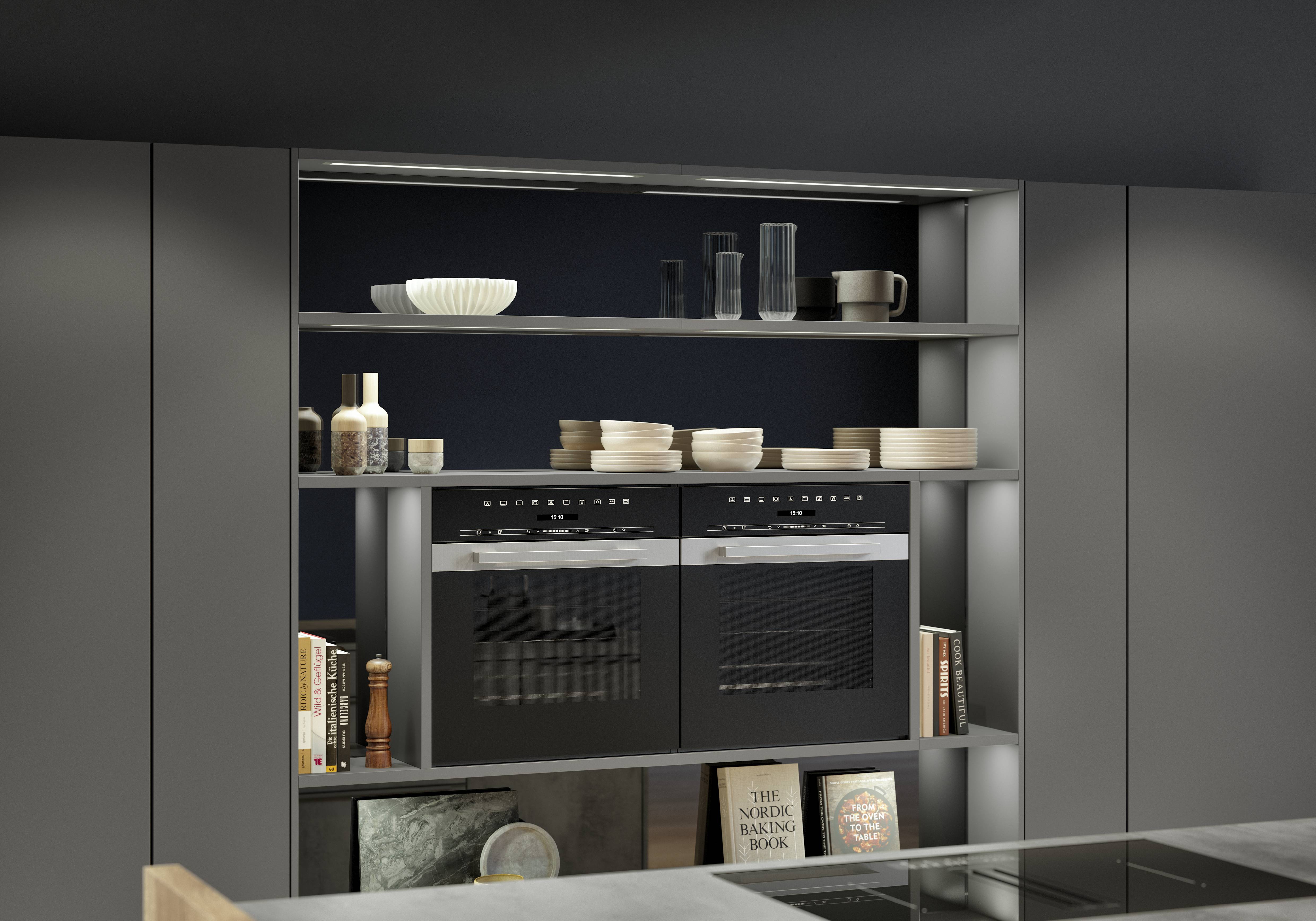 Dark modern German kitchen cabinets with open shelving and built-in double wall ovensDark modern German kitchen cabinets with open shelving and built-in double wall ovens