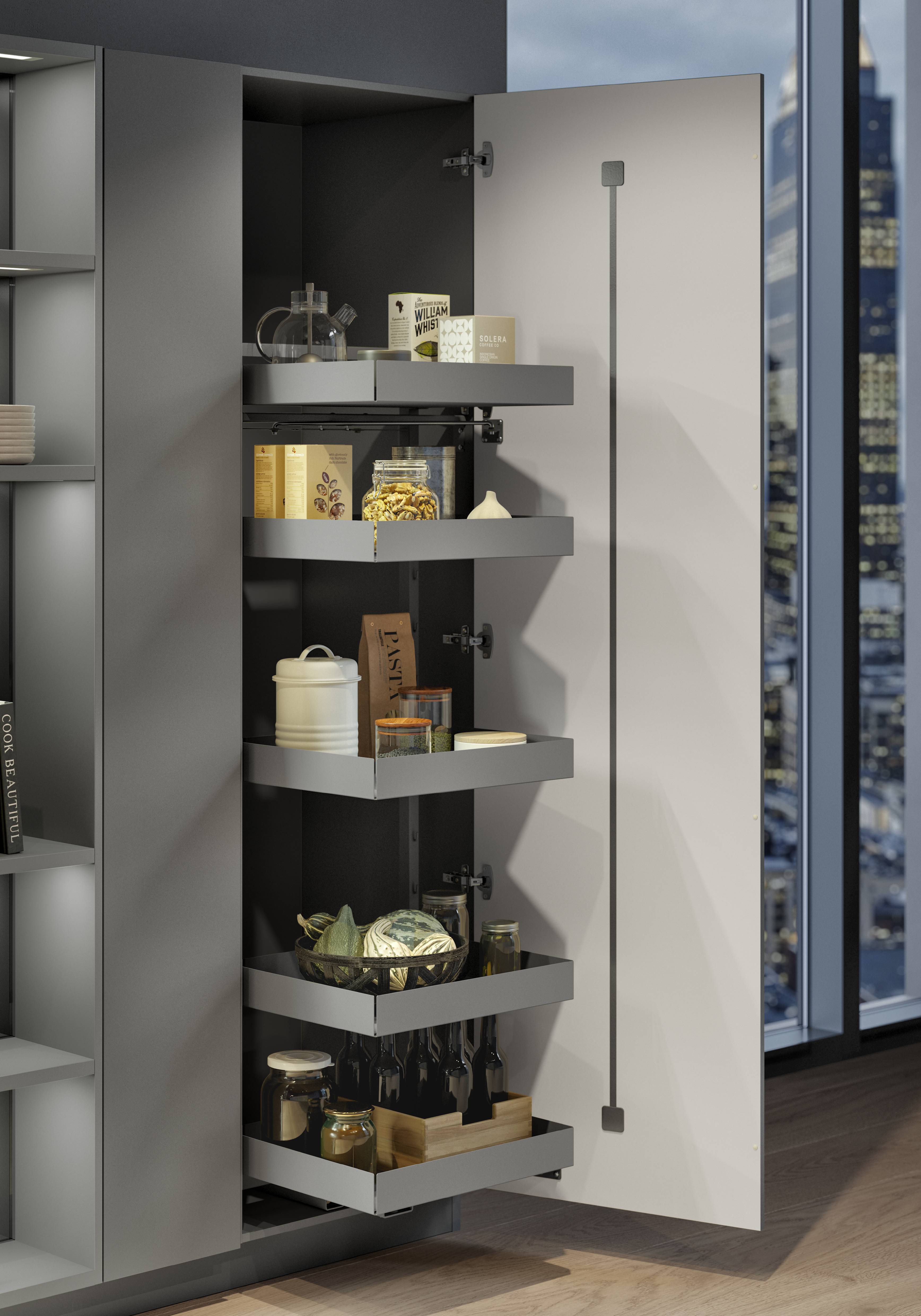 Noblessa USA - Tall Pull-Out Pantry Cabinet with Adjustable Storage Shelves Modern tall pull-out pantry cabinet by Noblessa USA featuring multiple gray storage shelves with food containers and kitchen items, integrated into a sleek matte gray kitchen design.