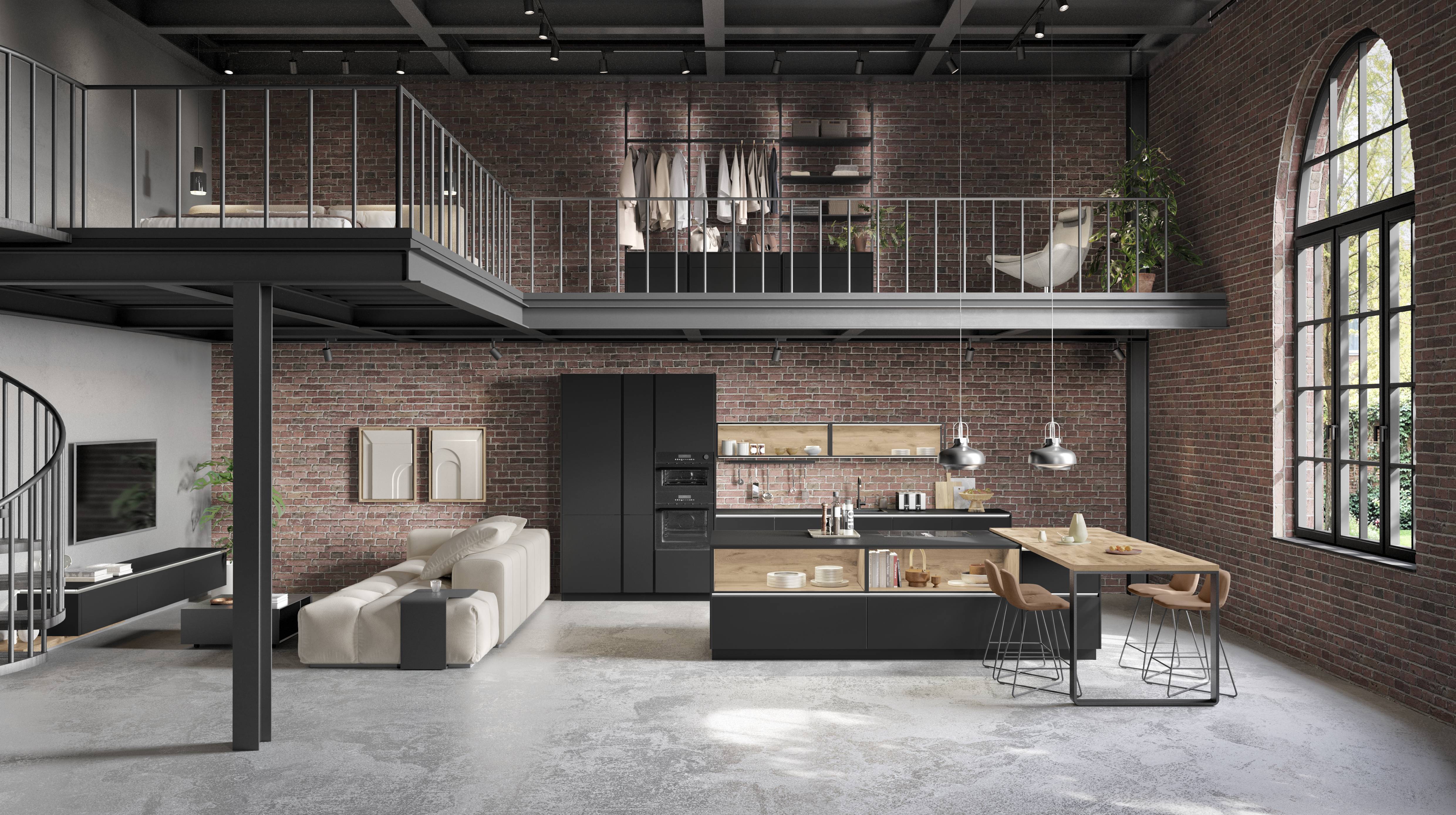 Industrial warmth meets modern precision — a German kitchen designed to feel open, organized, and effortlessly functional within a loft-style living space.