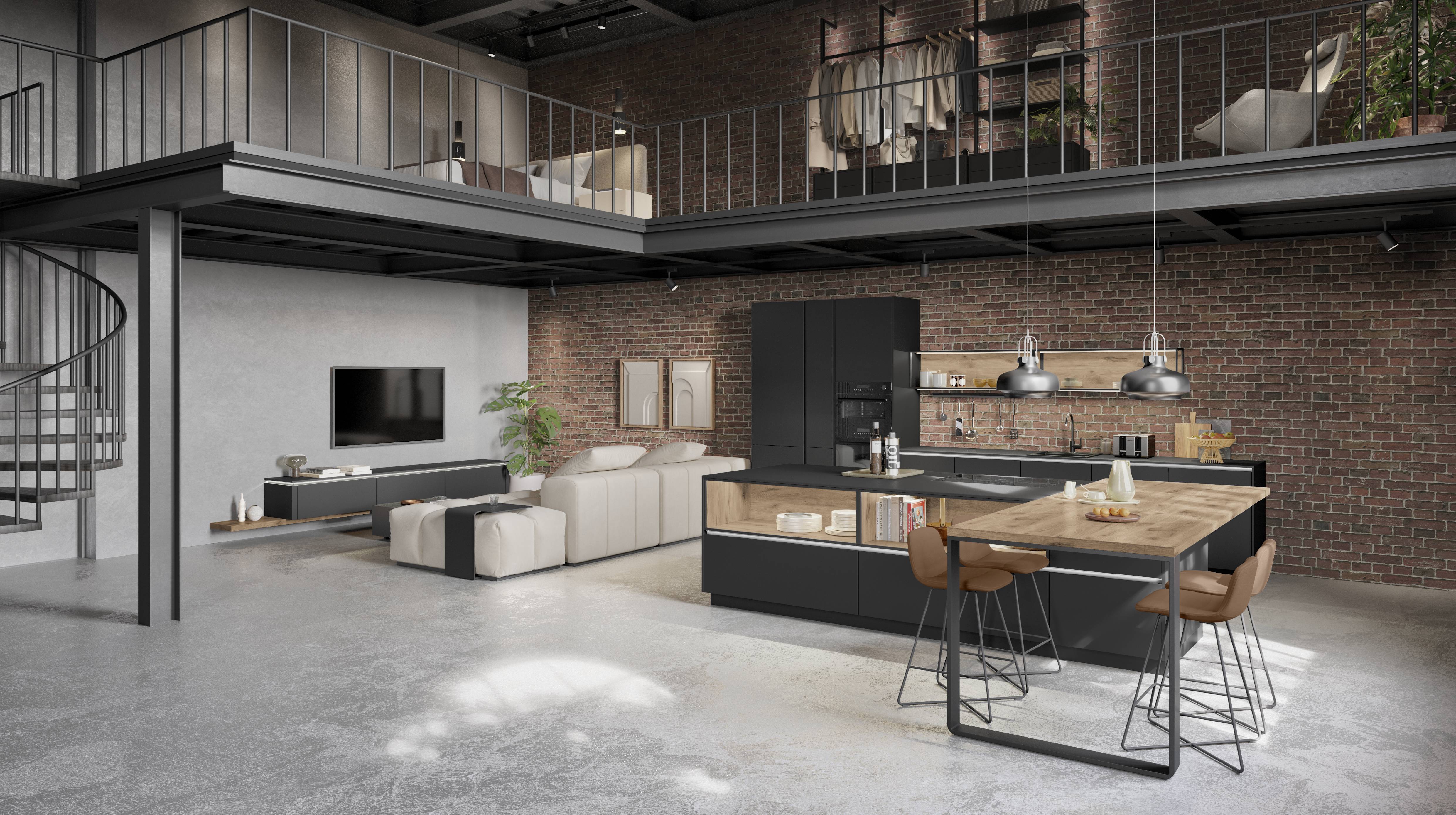 An open concept loft kitchen designed for gathering, with bold dark cabinetry and warm wood accents.