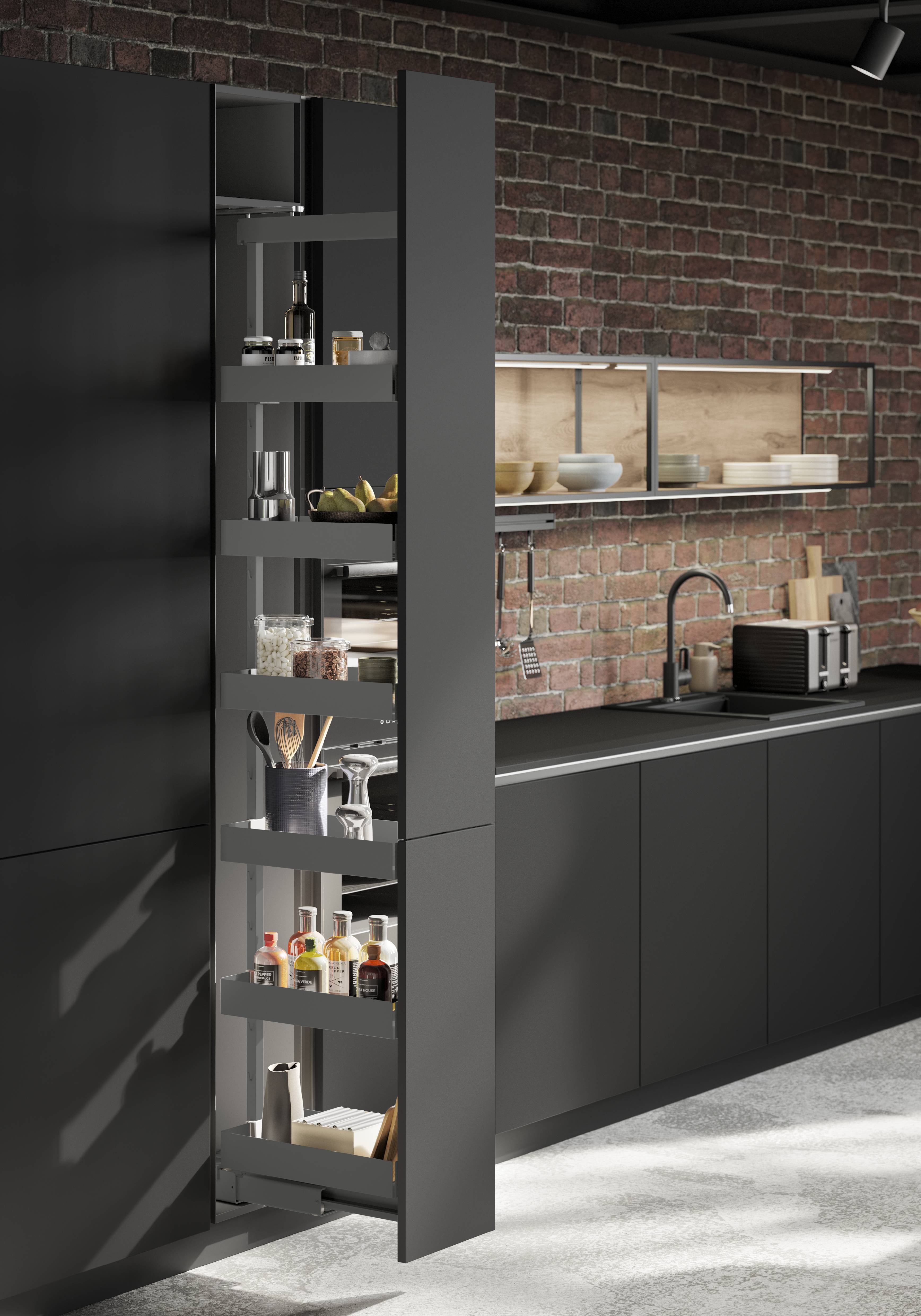 Modern European-style kitchen featuring sleek matte black cabinetry with a tall pull-out pantry system, open shelving with wood accents, integrated sink and appliances, and an exposed brick backsplash for an industrial touch.