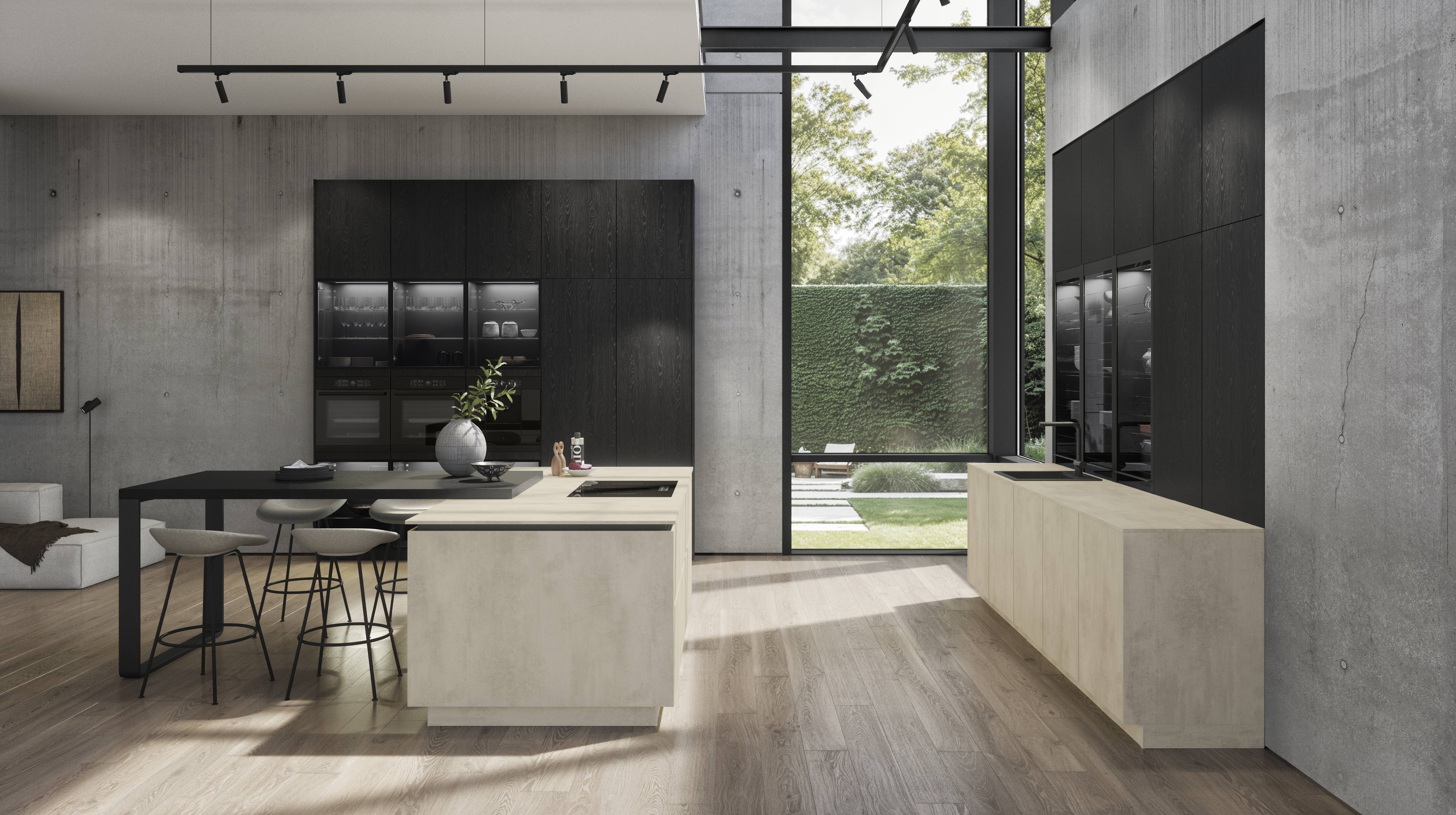 noblessa kitchen in a bold two-tone finish — dark wood tall cabinets paired with a light stone-look island, as seen in European kitchen showroom displays at noblessa.