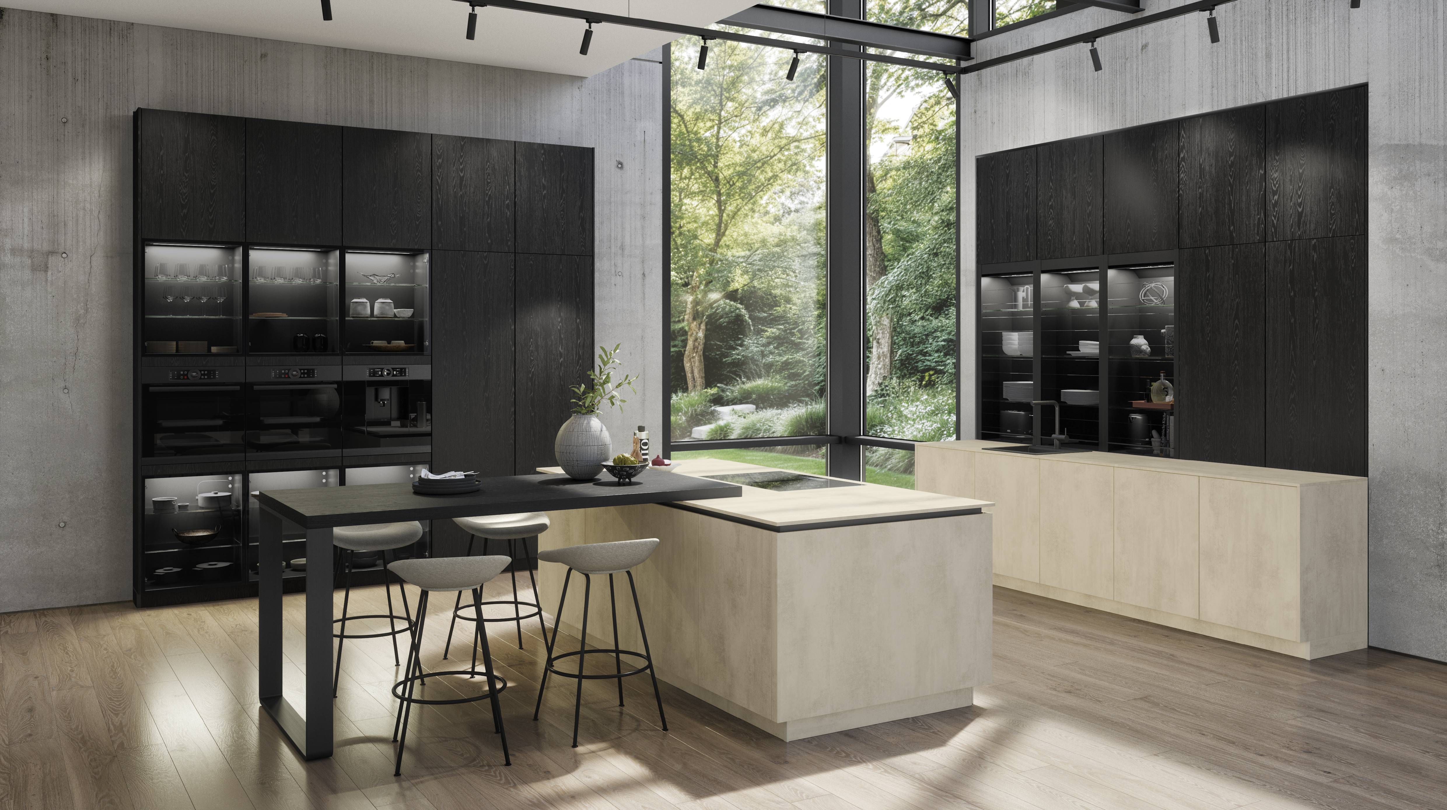 Solid and glass-front cabinet mix in a modern kitchen Modern kitchen with dark cabinetry, glass-front display sections, and a light island showing how solid and glass cabinet fronts can work together