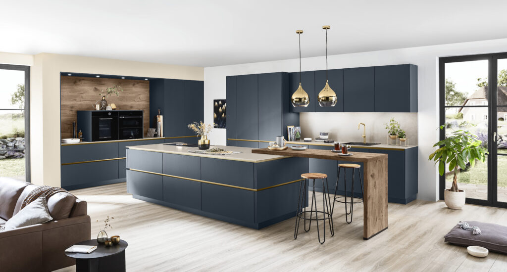Blue and grey kitchen cabinets