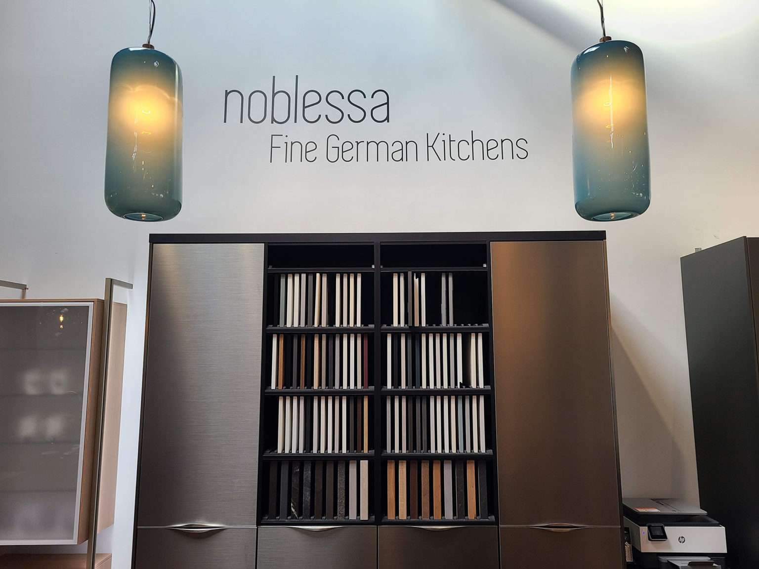 Noblessa Fine German Kitchens. Cabinet materials display