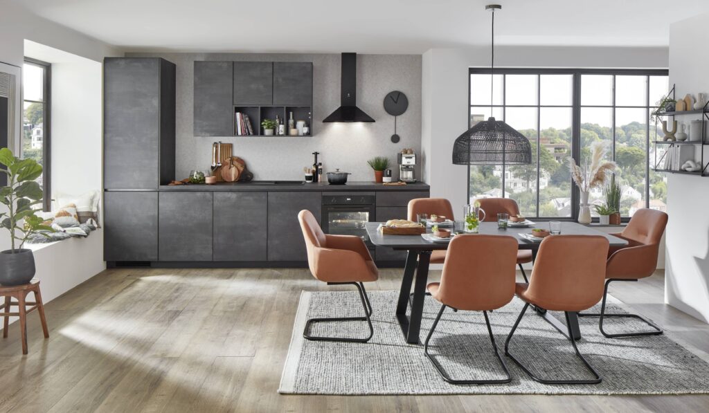 Viva kitchen cabinet display in slate gray. A small urban kitchen layout